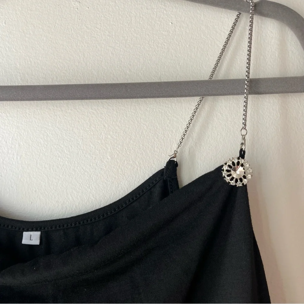 Black Slip Dress L – Rhinestone Chain Strap Midi Cocktail Evening Party Dress - Picture 3 of 7